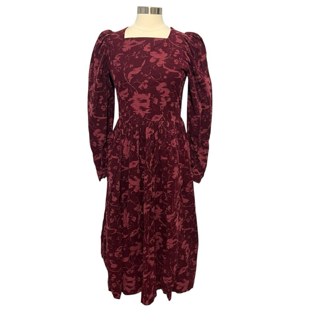 Laura Ashley Vintage Corduroy Prairie Dress Burgundy Floral Ireland 10
